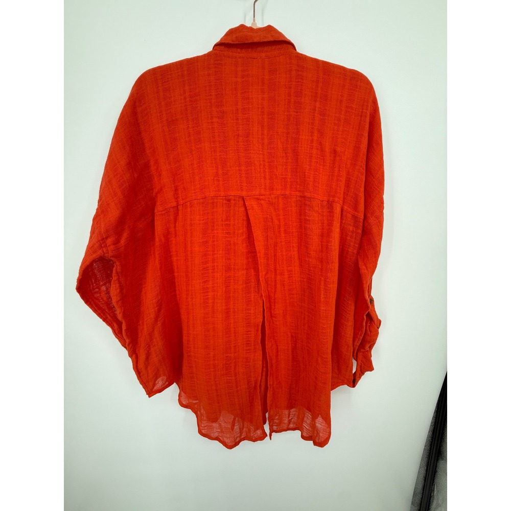 Free People Button Down Shirt Womens LG Orange Gauze Oversized Split Back Top - Picture 6 of 10